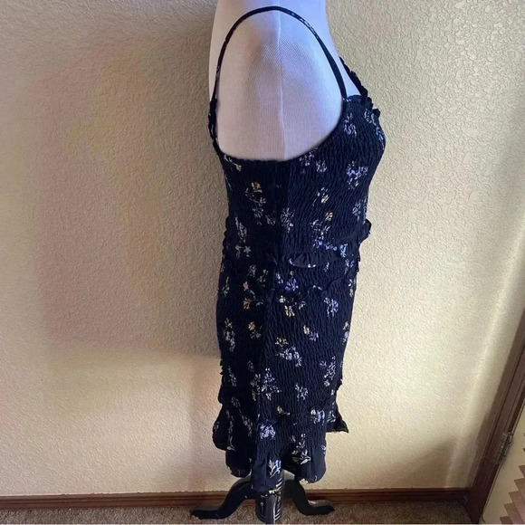 Abercrombie & Fitch Black Floral Mini Dress Smocked Bodice Tiered Ruffle: Large - Picture 3 of 10